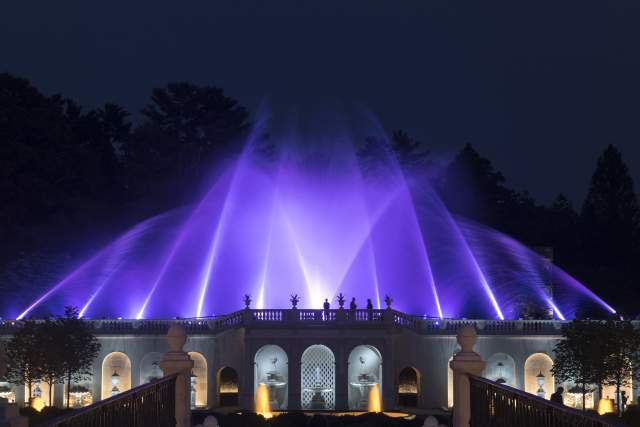 A colorful fountain at night behind an elegant bridge in a garden