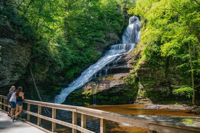 Two people leaning up against a rail on an outdoor trail path looking at a waterfall