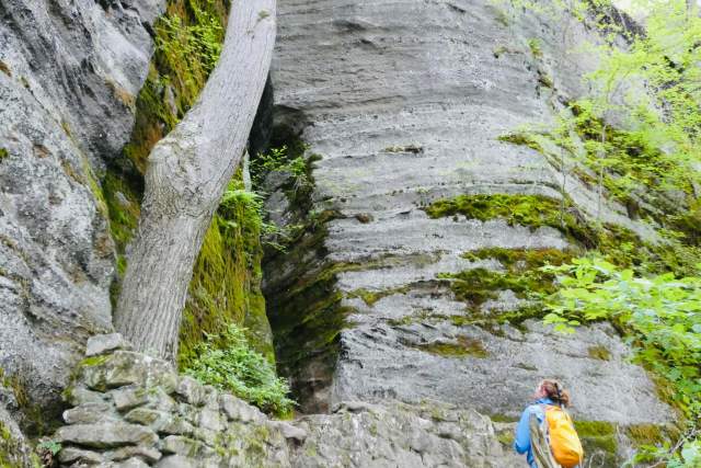 A young girl with a backpack looking up at a cliff