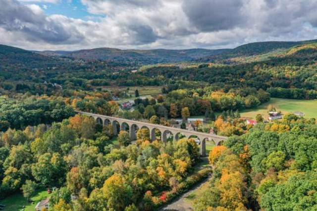 Aerial of a bridge with beautiful fall foliage trees on either side