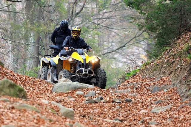 Two people riding ATVs through a fall foliage-filled forest