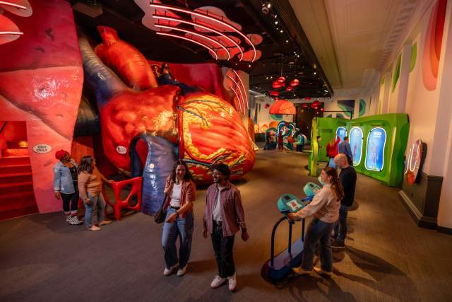 Families walking around displays and a Giant Heart at the Franklin Institute in Philadelphia