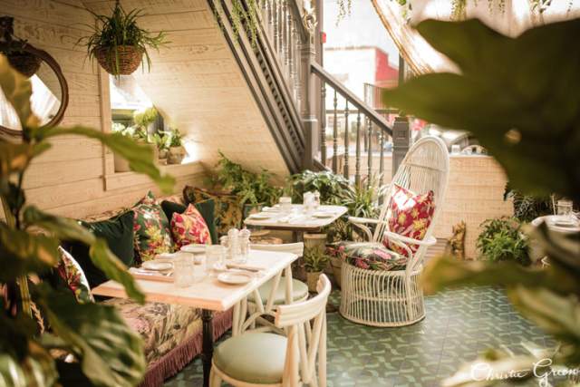 Interior of a quaint cafe with a cozy booth with pillows and tables set. Plants are found decorated throughout the space.