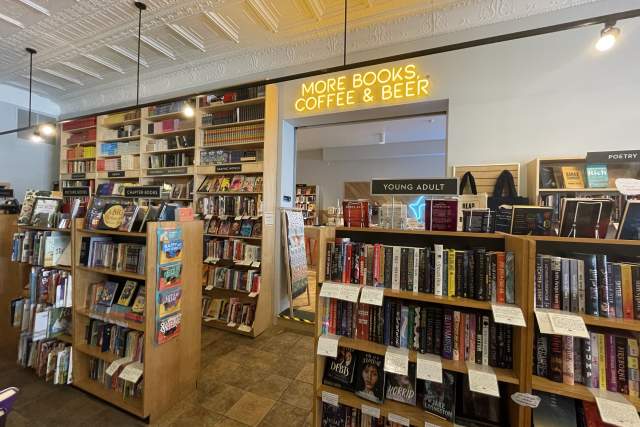 Interior of While Whale Bookstore in Pittsburgh with rows of bookshelves