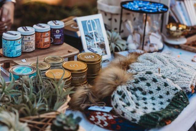 Skull caps candles and decor items at the Bellefonte Winter Market
