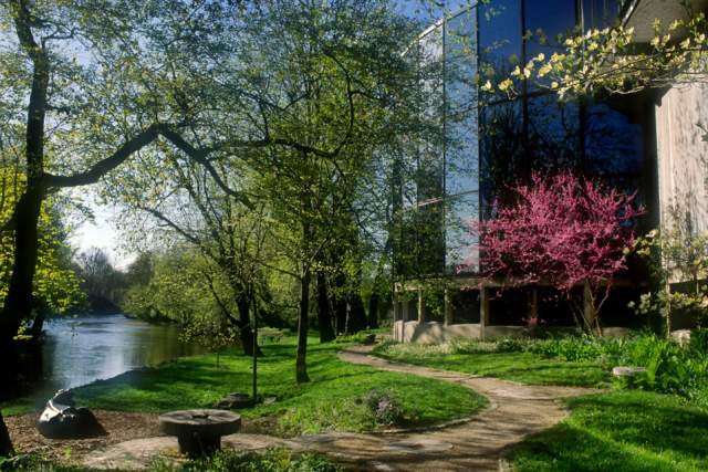 A tree and flower lined path leading up to a glass building next to a river