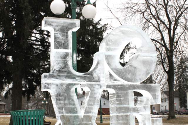 Ice sculpture carved into the Philadelphia LOVE sculpture