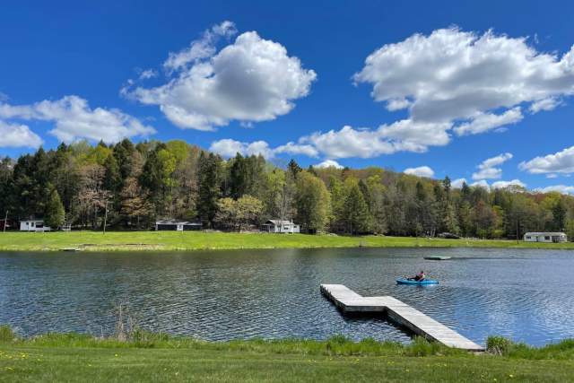 A dock on a lake on a sunny day