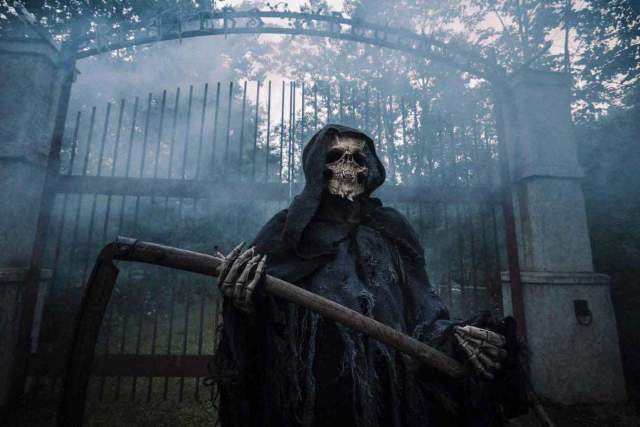 A reaper standing in front a a large gate with fog