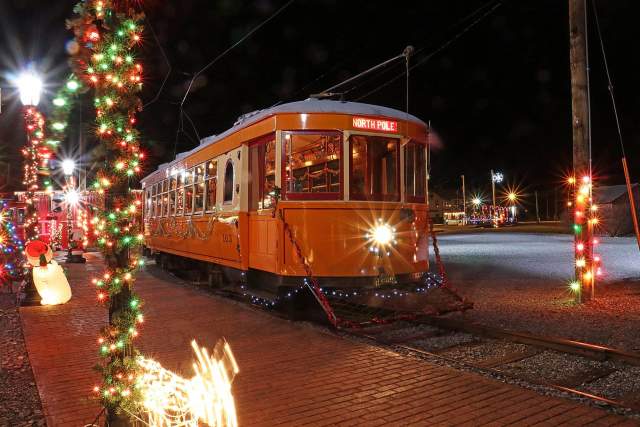 Rail trolley with holiday lights