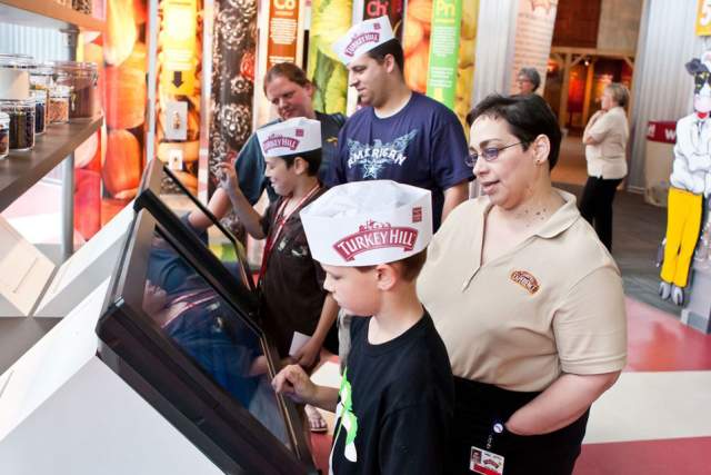 Kids and adults interacting with kiosks at the Turkey Hill Experience in Lancaster