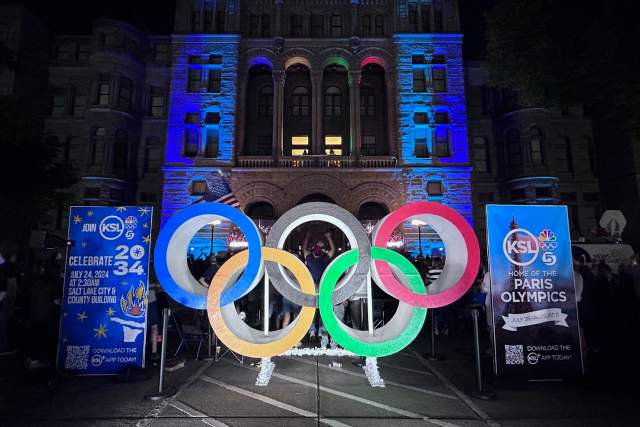 Olympic Rings in front of the Salt Lake Civic Center Building