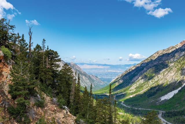 View from the mountains down a canyon into the Salt Lake valley