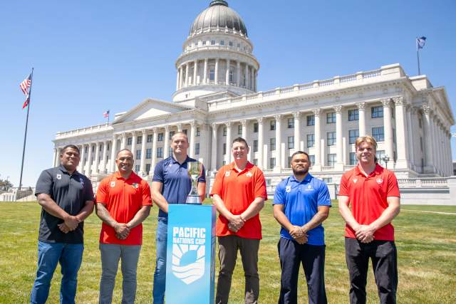 Pacific Nations Cup players pose in front of the Utah State Capitol
