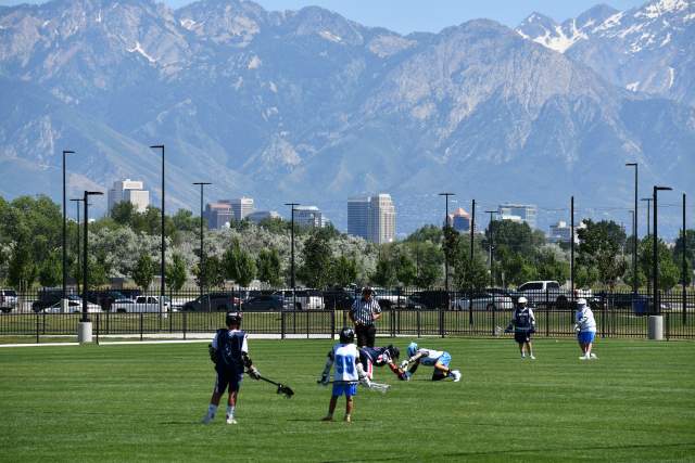 Lacrosse players on a field