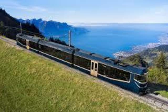 Train on tracks with lake and mountains in the background