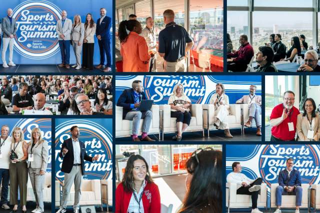 A collage of photos showing participants, speakers, award recipient during the Sports Tourism Summit.