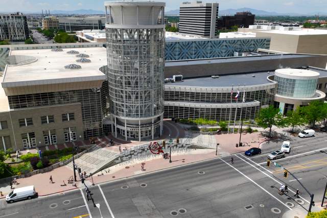 Aerial view of the Salt Palace entry at 100 South West Temple