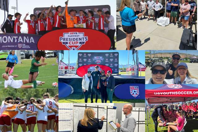 A collage of pictures. pictures with soccer players running with the ball, another cheering with a trophy. There is also a couple of pictures of volunteers working with the players as well.