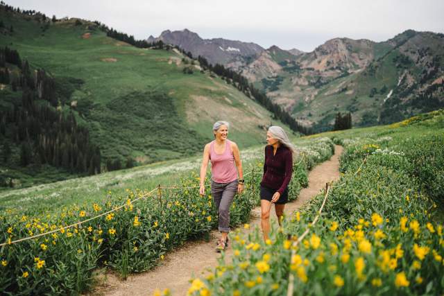 Image of two women walking through Alta Wildflowers