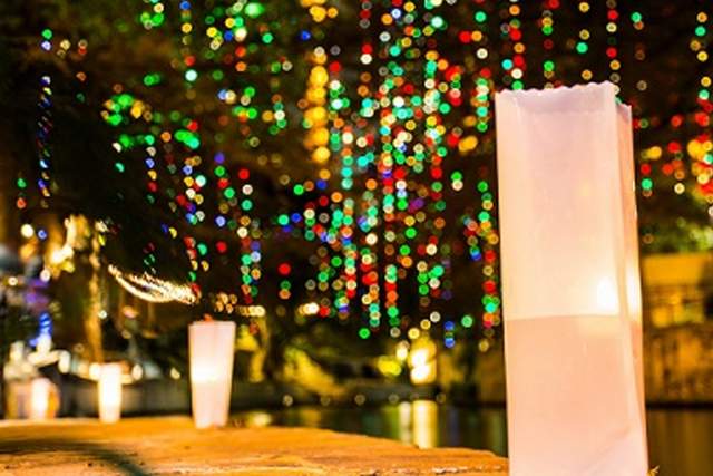 Bag with light and holiday lights in background