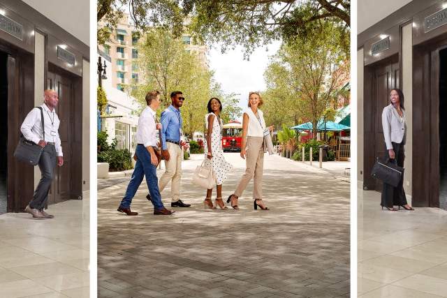 A three panel image featuring a group of adults walk down the street with those same adults exiting and entering a conference room on either side.