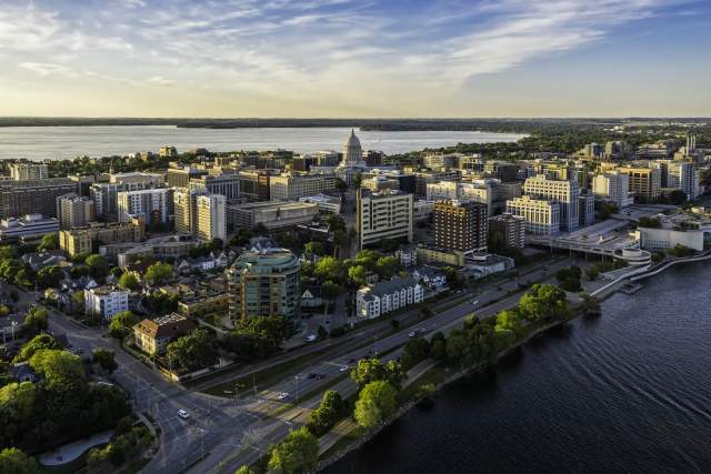 An aerial view of downtown Madison, WI on the isthmus.