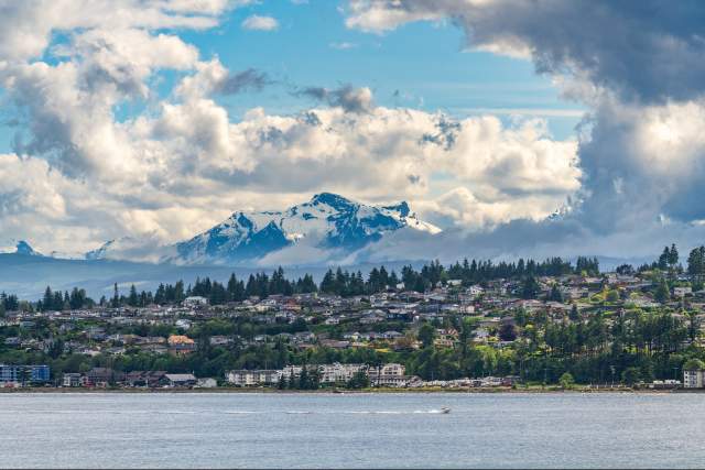 City of Campbell River with Golden Hinde mountains behind. Vancouver Island, BC, Canada