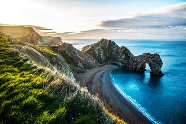 Dorset beach, blue sky at Durdle Door Lulworth