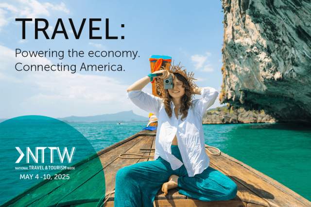 A woman takes a photo while riding in a boat on the water with text overlay, "Travel: Powering the economy. Connecting America."