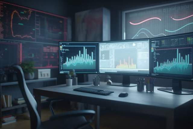 A desk with three computer monitors showing different graphs and data.