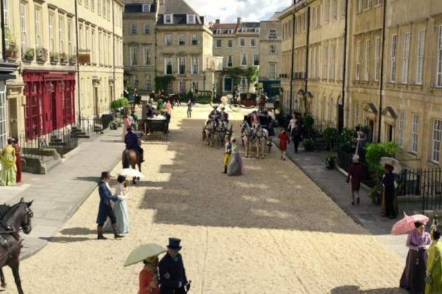A period street scene being filmed in Bath