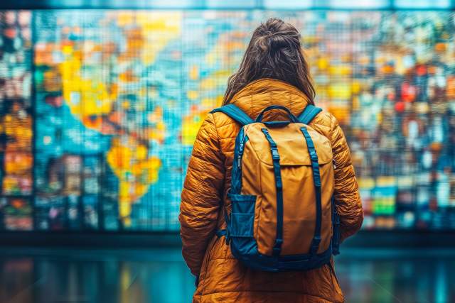 A person wearing travel gear stands in front of a futuristic digital board, representing AI's role in travel and tourism and how it can make an impact for destination marketing organizations.