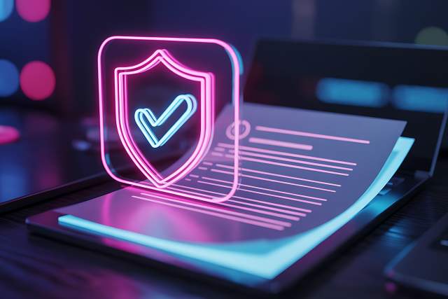 Un escudo brillante con una marca de verificación aparece sobre un documento digital en una computadora portátil, simbolizando la seguridad y la protección de los datos.
