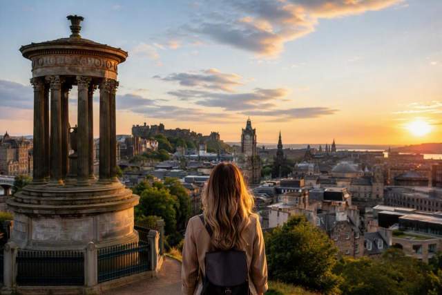 Visitor overlooking Edinburgh skyline at sunset, with the Dugald Stewart Monument and Edinburgh Castle visible in the distance.