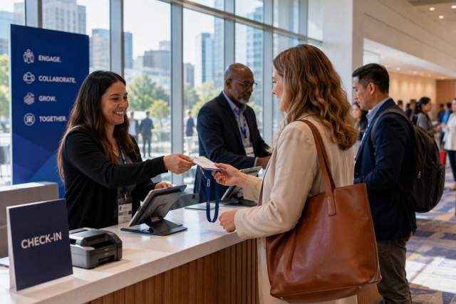 Event attendee receives a badge at a conference check-in desk, with registration staff and attendees in a bright venue lobby.
