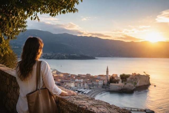 Person overlooking a sunlit coastal town and bay at sunset, with mountains and calm water in the background.