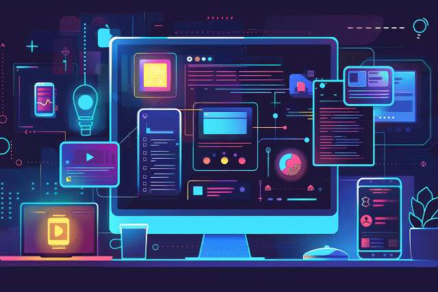 An illustrated website wireframe with content blocks, analytics, and devices, representing the planning and preparation DMOs need for a successful website redesign.