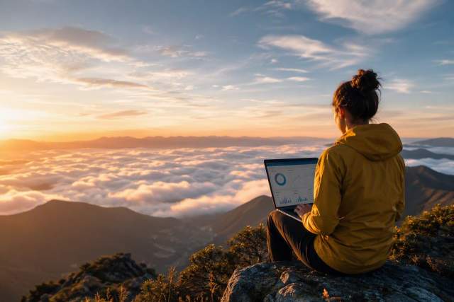 Person using a laptop on a mountain overlook above the clouds at sunrise, symbolizing connected destination insights and impact.