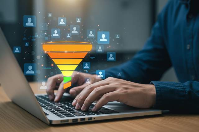 Person typing on a laptop with a colorful digital sales funnel graphic, symbolizing website revenue generation.