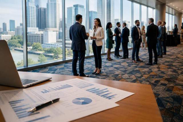 Business professionals networking in a conference venue with a city skyline view, while charts and a laptop sit on a meeting table.