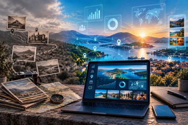 Historic travel photos, maps, and a laptop with tourism analytics overlooking a coastal destination, illustrating data-driven destination marketing and future-focused tourism planning.