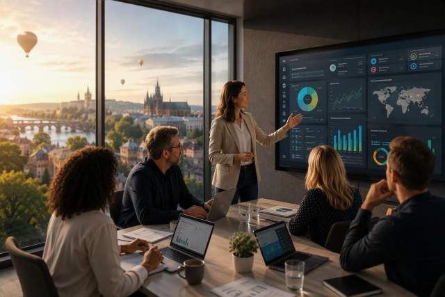 Destination marketing leaders review a unified performance dashboard during a strategy meeting overlooking a European city.