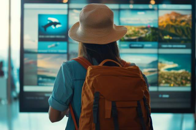 A woman wearing a backpack and traveling stands in front of a screen that is presenting her with AI-curated travel options.