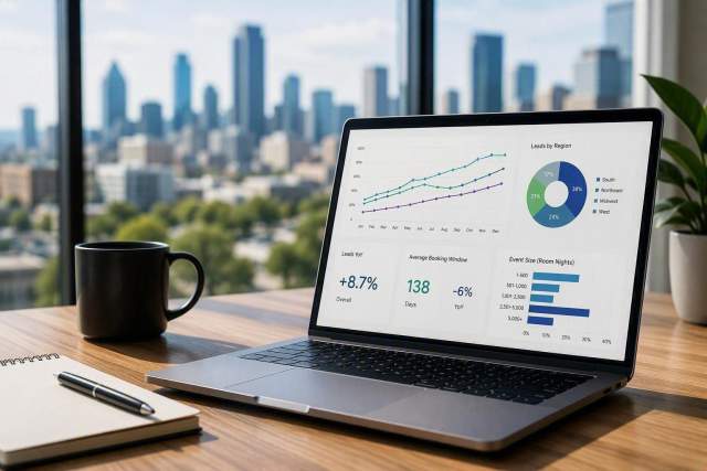 Laptop displaying business analytics dashboards on a desk by a window, with city skyline, notebook, coffee mug, and plant in view.