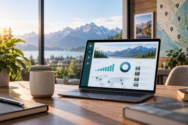 Laptop displaying analytics dashboard on a desk with mountain lake view, map display, coffee mug, and plants in a sunlit office.
