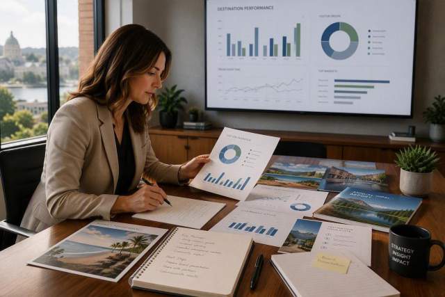 Person reviewing destination performance reports and charts at a conference table with analytics dashboard displayed on a screen.