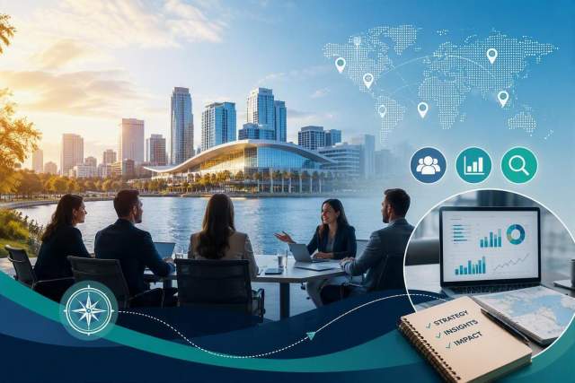 Business strategy meeting by a waterfront city skyline, with global network map, analytics dashboard, and planning icons overlay.