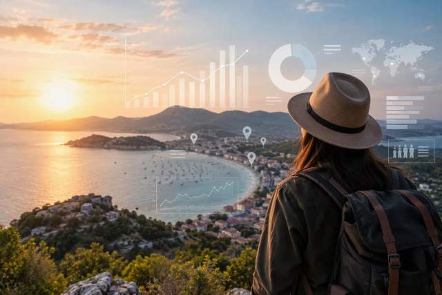 Traveler views a coastal destination at sunset with tourism data analytics, charts and location insights.