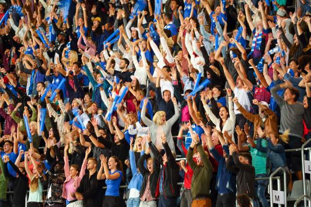 Excited fans in a crowd with hands upraised